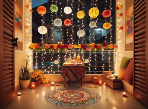 15. Beautiful balcony design for diwali Balcony Lighting Ideas Diwali Decor, Diy Balcony Decor Ideas India, Diwali Balcony Decoration Ideas, Diwali Lights Decoration Balcony, Diwali Lighting Ideas For Balcony, Diwali Balcony Decoration, Diwali Desserts, Diwali Lighting, Diwali Home Decoration