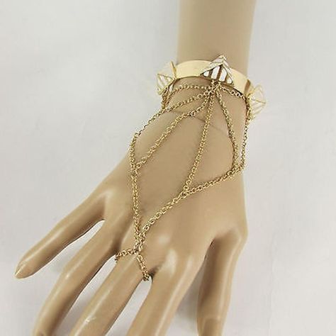 Futuristic Hand Jewelry, White And Gold Jewelry Aesthetic, Gold Chain Cuff Bracelet, Greek Clothes, Gold Hand Chain, Hand Cuffs, Women Skeleton, Hand Chain Jewelry, Hand Chain Bracelet