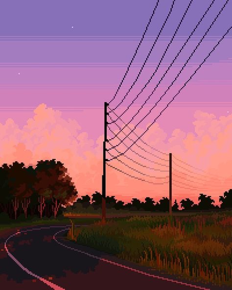 Jubilee on Instagram: “ya i love drawing power lines and sunsets what of it • #pixelart #landscape #pixel #digital #art #digitalart #sunset #sunrise #cloud…” Pixel Art Landscape, Piskel Art, Arte Indie, Pixel Art Background, Arte 8 Bits, 8bit Art, Cool Pixel Art, Power Lines, Pixel Art Design