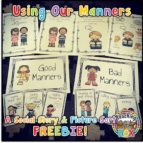 Teaching Outside of the Box...: Using Our Manners - a FREE Social Story and Sort Manners Theme Preschool Activities, Manners Theme Preschool Crafts, Social Stories For Preschoolers Free Printable, Manners Art Preschool, Manner Activities For Preschoolers, Manners Lesson Plans Preschool, Manners Crafts Preschool, Preschool Manners, Preschool Feelings