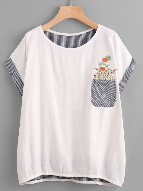 Myanmar Dress Design, Embroidery On Clothes, Tee Shirt Designs, Women T Shirts, Girls Tees, Pocket Tee, Handmade Clothes, Upcycle Clothes, Shirt Pattern