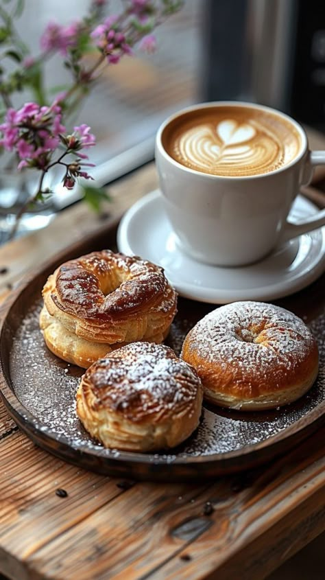 Coffee And Pastries Aesthetic, Creative Food Photography Inspiration, Coffee Break Ideas, Cozy Coffee Aesthetic, Cozy Cafe Aesthetic, Morning Coffee Aesthetic, Coffee Pastries, Baked Pastries, Aesthetic Tea