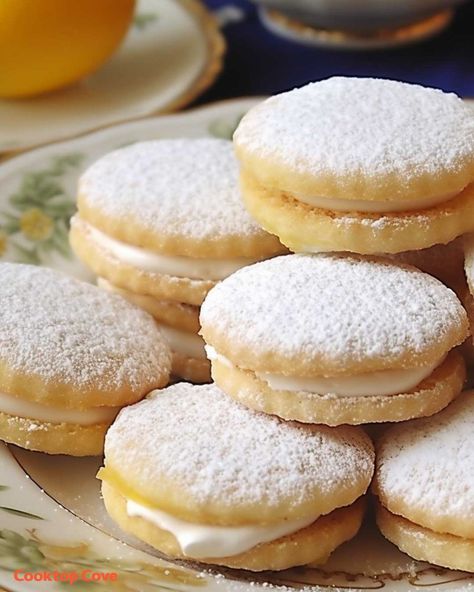 My neighbor brought some by as a gift, and I instantly fell in love with them Lemon Sandwich, Tea Cookies Recipe, Cooking Cookies, Lemon Dessert Recipes, Tea Cookies, Lemon Cookies, Lemon Desserts, Lemon Recipes, Sandwich Cookies