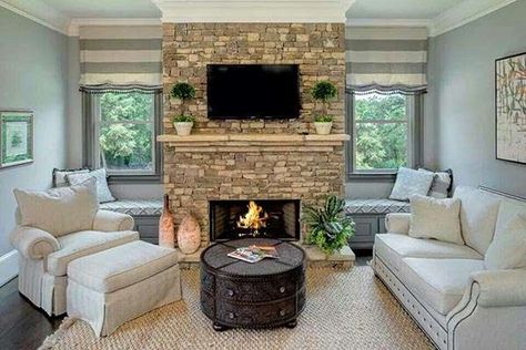 Fireplace with side seatings #fireplacemantel #fireplace #mantel #homedecor #decorhomeideas Upstairs Decor, Fireplace Between Windows, Ranch Plans, Fireplace Windows, Fireplace Seating, Fireplace Mantles, Tuscan Decor, Bench Seats, Window Seats