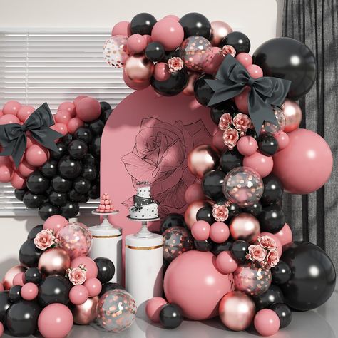 Pink And Black Balloon Arch, Rose Gold And Black Balloons, Gold And Black Balloons, Black Balloon Arch, Wedding Anniversary Party Decorations, Pink Sweet 16, Black Balloon, Balloon Arch Kit, Princess Party Decorations