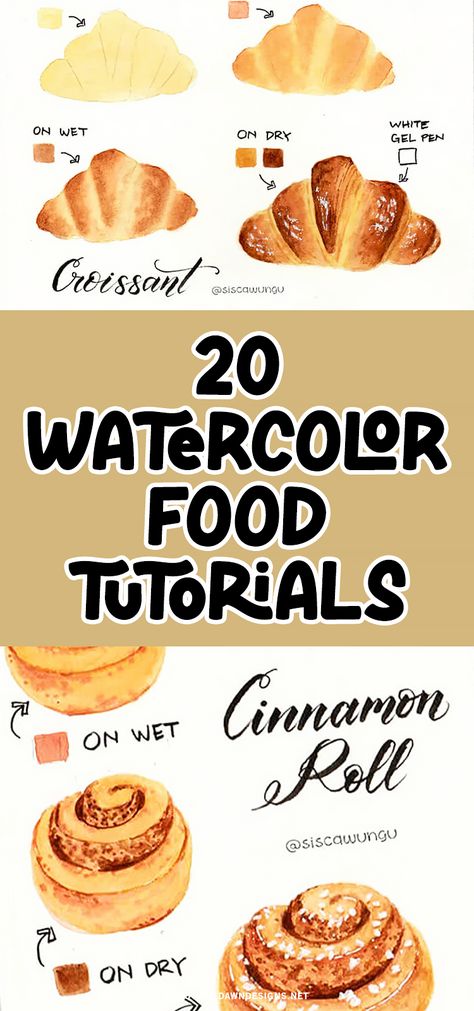 Learn how to paint mouthwatering croissants and cinnamon rolls with these adorable watercolor tutorials! Perfect for beginners and experienced artists alike. You'll also learn how to paint other food and dessert items like ice cream cones, cupcakes, fruit, and more. Watercolor Desserts Food Illustrations, Desserts Watercolor Painting, Food Recipes Drawing Art, Watercolor Cinnamon Roll, Watercolor Blueberries Tutorial, Step By Step Food Drawings, Menu Illustration Food, Fruit Painting Tutorial, Watercolor Baking Art