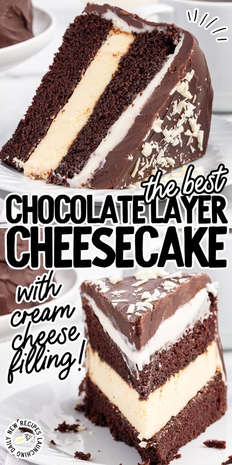 Chocolate Cake With Cheesecake Layer, Chocolate Cake With Cream Cheese Filling, Layered Cheesecake Recipes, Cream Cheese Mousse Filling, Chocolate Tuxedo, Chocolate Cake With Cream Cheese, Layer Cheesecake, Chicken Taquitos, Cake Layers