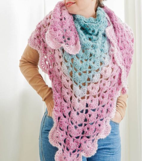 Crochet Shell Shawl, Colorama Halo Crochet Patterns, Caron Colorama Halo Crochet Patterns, Crochet Chains, Crochet Lace Shawl, Color Gradients, Shawl Crochet, Crochet Shawls And Wraps, Shell Stitch