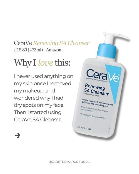 Struggling with dry, bumpy, and uneven skin? You’ll love this! I never used anything on my skin once I removed my makeup (with makeup wipes, might I add), and wondered why I had dry spots on my face, uneven skin, acne breakouts... So I did some research and started using @ceraveuki @cerave CeraVe Renewing SA Cleanser once a week. The benefits? ✓ Developed with Dermatologists ✓ Gently exfoliates the face and body. ✓ Suitable for Dry, Rough & Bumpy Skin ✓ Enriched with 3 Essential Cerami... Cerave Renewing Sa Cleanser, Rough Bumpy Skin, Bumpy Skin, Makeup Wipes, Acne Breakout, Uneven Skin, My Skin, Spot On, Face And Body