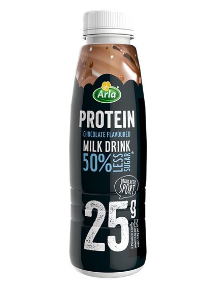 Arla Protein Arla Protein Chocolate flavoured milk drink with less sugar | Arla High Protein Drinks, Protein Milk, Protein Chocolate, Probiotic Drinks, Milk Packaging, Drinks Packaging Design, Less Sugar, Dairy Drinks, Breakfast Drink