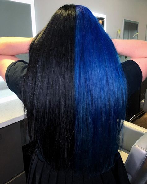 Blue black hair is a versatile color that lets you experiment with different styles like light blue hair, highlights, purple blue black tresses, and ombre. Click the article link for more photos and inspiration like this // Photo Credit: Instagram @kims_hairdesign_ // #bestblueblackhairdye #blueblackhair #blueblackhairdye #bluehair #darkblueblackhair #midnightblueblackhair #naturalblueblackhair Black And Blue Half And Half Hair, Half Dark Blue Half Black Hair, Black And Blue Split Dye Hair, Blue And Black Hair Split, Split Dye Blue And Black, Dark Blue And Light Blue Hair, Split Dyed Hair Blue, Black And Dark Blue Hair, Light Blue Hair Highlights