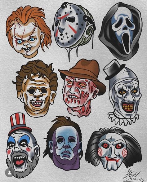 Oldschool Drawing, Horror Flash Art, Traditional Spooky Tattoo Flash, Horror Tattoo American Traditional, American Traditional Ghostface Tattoo, Classic Horror Tattoo, Horror Flash, Horror Tattoo Flash, Traditional Halloween Tattoo Flash