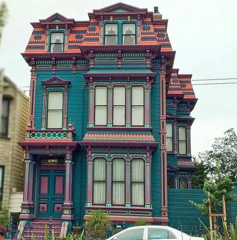 Jewel tones Victorian house Jewel Tone House Exterior, Teal Victorian House, Victorian House Colors Exterior, Colorful Victorian House, Colorful Victorian House Exterior, Colorful House Exterior, Queen Anne Victorian House Exterior Paint, Rainbow Victorian House, Victorian Porches