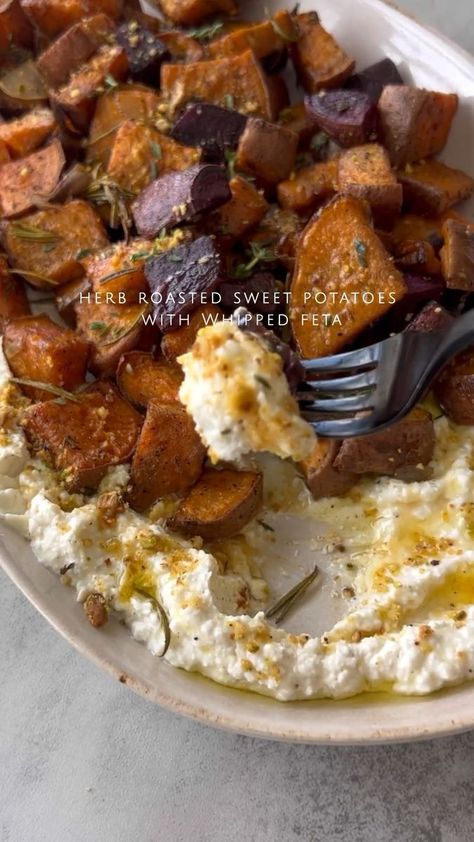 herb roasted sweet potatoes 🌱 this simple side dish pairs well with any meal, and is served with a side of whipped feta topped with hot honey and pistachios 🫶🏼 Cre by somethingnutritious #mediterraneandietplan #mediterraneandiet #mediterraneanfood #mediterannean #glutenfree #healthyfood #delicious #dinner #greekfood #lunch #healthyeating #diet | Mediterranean Plan With Julia | Mediterranean Plan With Julia · Original audio Herb Roasted Sweet Potatoes With Whipped Feta, Pomegranate Side Dish, Mediterranean Dishes Vegetarian, Mediterranean Side Dishes, Mediterranean Sides, Mexican Caesar Salad, Mediterranean Veggies, Creamy Cilantro Dressing, Mediterranean Breakfast