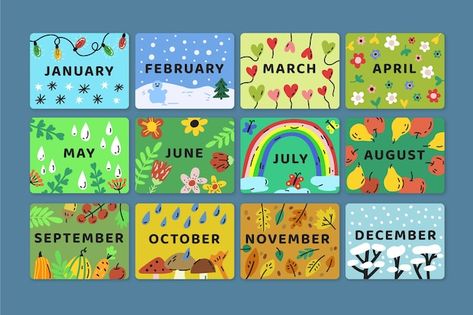 Free vector hand drawn months of the yea... | Free Vector #Freepik #freevector #months-year #label-collection #badge #bundle Months Of The Year Board Ideas, Months Of The Year Classroom Decoration, Months Of The Year Chart Ideas, Months Of The Year Printables Free Preschool, Months Of The Year Printables Free, Months Of The Year Chart, Months Of The Year Poster, Teachers Illustration, Page Dividers