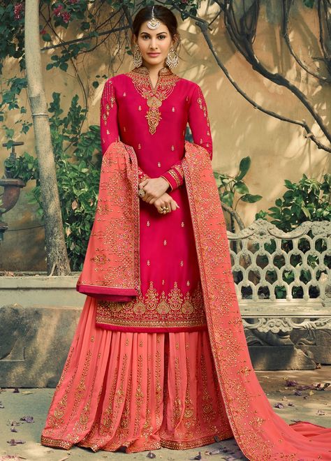 Glam Up your ethnic style with this Glamorous Collection of Sharara Style Suit featuring Embroidered Satin Georgette Top & Embroidered Pure Georgette Bottom with Matching Dupatta. Dark Pink Suits Women, Pink Suits Women Indian, Suits Women Indian, Pink Suits Women, Indo Western Lehenga, Pink Suits, Western Lehenga, Long Choli Lehenga, Kurti Style