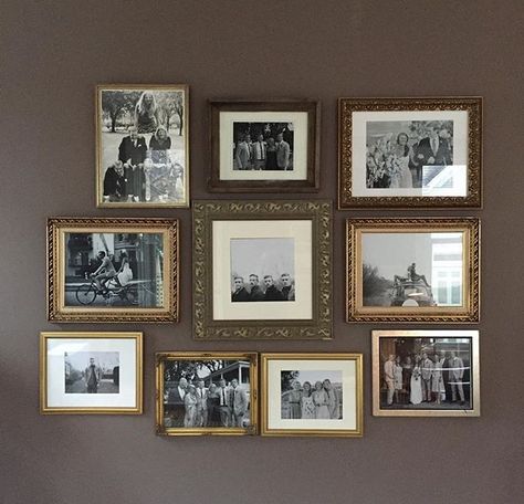 Wall Of Old Photos, Vintage Photo Display Wall, Old Picture Collage Ideas, Collected Family Photo Wall, Vintage Family Photo Gallery Wall, Vintage Family Photos Display, Framing Old Photos, Wedding Photos Hung In House, Framing Vintage Photos