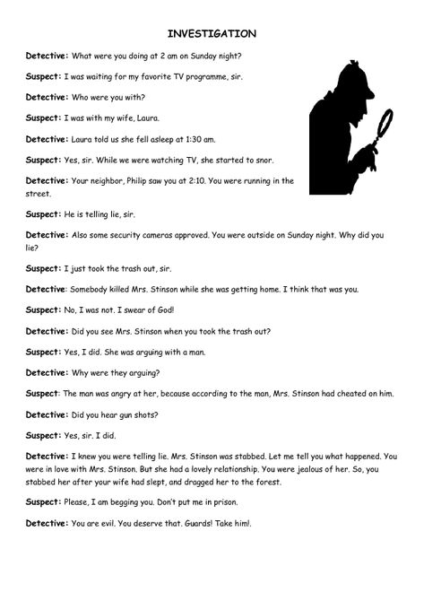 BusyTeacher.org Dialogue Writing Examples, How To Write Detective Stories, Detective Prompts, Detective Questions, One Act Play Script, Dialogue Writing Worksheets, English Drama Script, Dialogue Script, Dialogue Worksheet