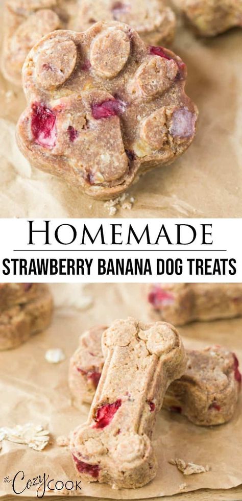 This Homemade Strawberry Banana Dog recipe is so easy to make and includes a link for super cute treat molds! These treats are sure to keep your dog happy and energized! Banana Dog Treats, Homemade Dog Cookies, Pet Treats Recipes, Easy Dog Treat Recipes, Dog Biscuit Recipes, Easy Dog Treats, Healthy Dog Treats Homemade, Dog Treats Homemade Recipes, Diy Dog Treats