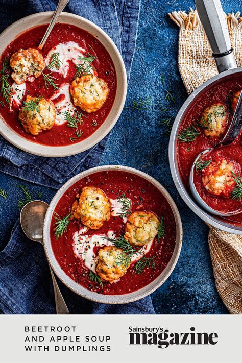 A vibrant soup with Eastern European origins, topped with filling horseradish-dill dumplings. Get the Sainsbury's magazine recipe Winter Stews, New England Clam Chowder, Beetroot Soup, Recipes For Lunch, Dumpling Dough, Apple Soup, Breakfast Meat, Dumplings Recipe, One Pot Dinners