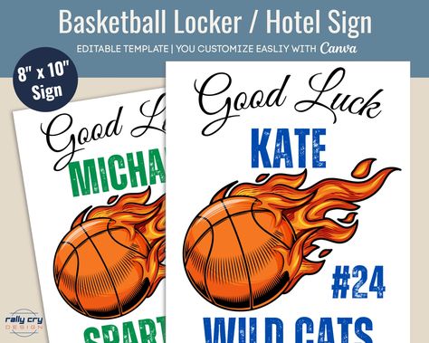 Excited to share the latest addition to my #etsy shop: Good Luck Basketball locker sign, Varsity Basketball Hotel door sign tag, Basketball Tournament sign, Customize Canva Template BKB024 #basketballsign https://etsy.me/3St5seu Basketball Spirit Signs, Good Luck Basketball, Basketball Team Treats, Volleyball Locker Signs, Locker Name Tags, Volleyball Locker, Basketball Signs, Locker Signs, Free Basketball