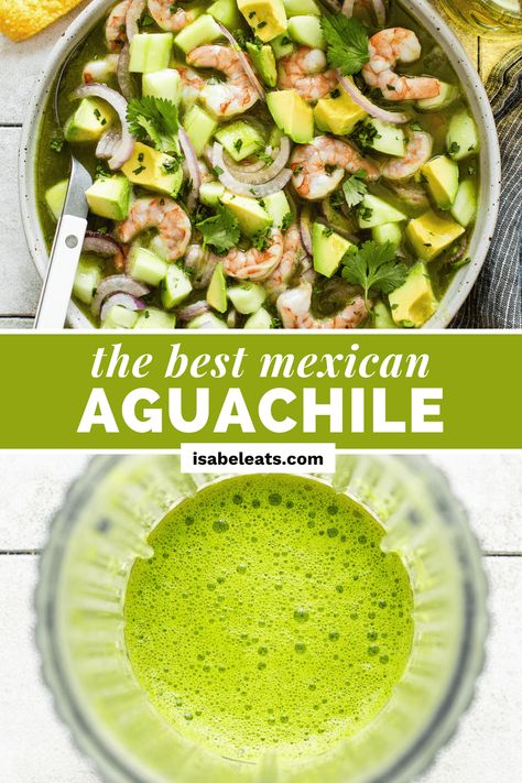 This authentic Aguachile is made from raw shrimp marinated in a chile, cilantro, and lime juice mixture that's tossed with red onion, cucumber, and avocados. Similar to ceviche, this Mexican dish is bright, tangy, healthy, and refreshing! Green Shrimp Ceviche, Green Aguachile Recipe, Green Ceviche Recipe, Tuna Aguachile Recipe, Healthy Mexican Recipes Authentic, Shrimp Aguachile Recipe, Aguachiles Recipe Shrimp, Shrimp Ceviche Recipe Mexican Authentic, Tuna Aguachile