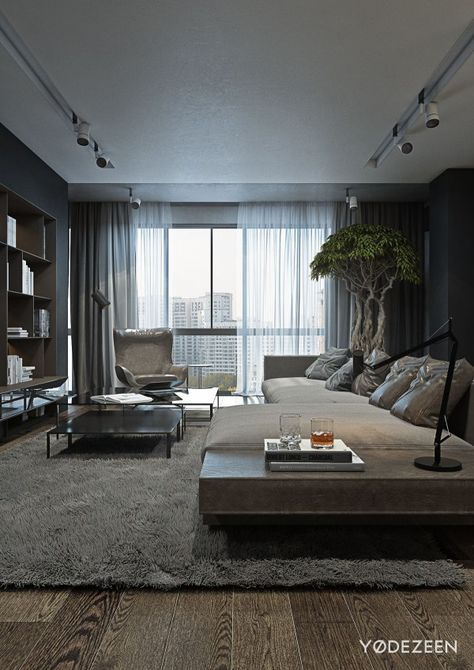 A Dark and Calming Bachelor Pad with Natural Wood and Concrete | Interior Design Ideas | Bloglovin’ Wood And Concrete Interior Design, Wood And Concrete Interior, Bachelor Pad Living Room, Concrete Interiors, Large Window, Bachelor Pad, Dark Interiors, Design Seeds, Natural Home Decor