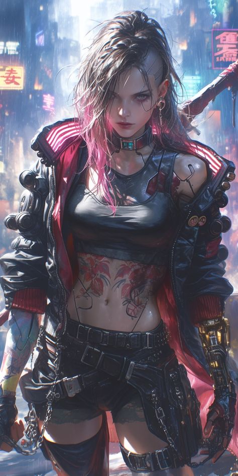 Created with Midjourney Ai #Character #Fantasy #Anime #cartoon #cyberpunk #sci-fi Cyberpunk 2077 Female Character Art, Cyberpunk Character Female, Cyberpunk Female Character Design, Cyberpunk Art Girl, Cyberpunk Female Character Art, Cyberpunk Character Art Female, Shadowrun Art, Cyberpunk Girl Art, Female Cyberpunk