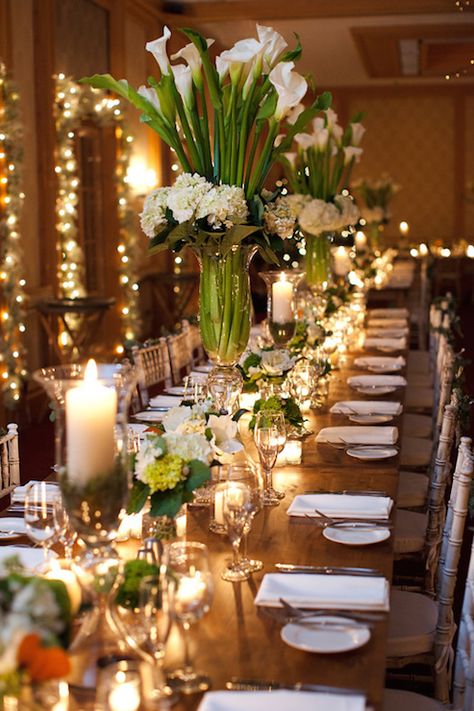 Candles And Flowers, Flowers And Candles, Floral Wedding Decorations, Elegant Dinner, Long Table, Table Arrangements, Beautiful Table, Reception Decorations, Decoration Table