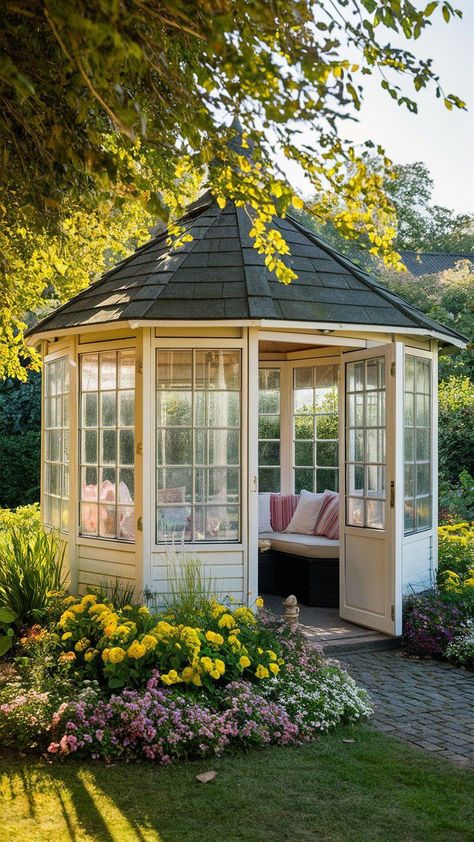 Home Gazebo, Backyard Inspo Gardens, Screened Gazebo Ideas Backyard, Enclosed Gazebo Ideas, Aesthetic House Garden, House With Gazebo, Enclosed Garden Ideas, Aesthetic Backyards, Small Garden House