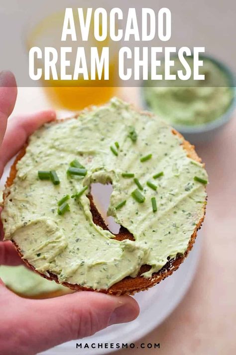 Avocado Cream Cheese Spread is a delicious alternative to basic cream cheese. This tasty and easy spread goes perfectly with bagels, pitas or as a veggie dip. macheesmo.com #avocado #creamcheese #spread Avocado Cream Cheese, Cream Cheese Spread Recipes, Bagel Spread, Cheese Spread Recipes, Cream Cheese Spread, Avocado Spread, Cheese Bagels, Bagel Cream Cheese, Avocado Cream