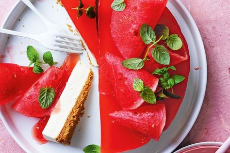 Watermelon and ginger no-bake yoghurt cheesecake recipe - Recipes - delicious.com.au Watermelon Cheesecake, Watermelon Granita, Watermelon Jelly, Crumb Crust, Springform Pan Cake, Watermelon Mint, Australian Food, Delicious Magazine, Watermelon Salad