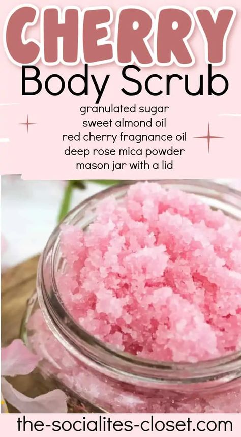 This cherry body scrub smells amazing! Make this cherry sugar scrub today and pamper your skin with this gentle body scrub. Diy Body Scrub Christmas Gift, Body Scrubs Recipes, Shower Scrubs, Sugar Body Scrub Diy, Easy Diy Body Scrub, Body Scrub Homemade Recipes, Homemade Scrubs, Diy Scrubs, Diy Body Scrub Recipes