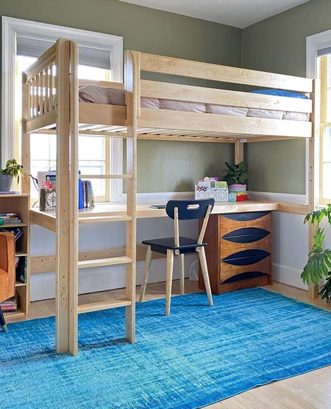 Save space with our loft beds with desks!⁠ .⁠ This Twin High Loft Bed with Desk is a great addition to small or shared bedrooms. The dual desk and bed design creates an all-in-one solution to your sleep and study needs. The long desk has plenty of room to spread out supplies for school work, crafts, and more. The high loft design has extra headspace under the bed for teens to sit comfortably at the desk. Click the link in our bio to create your cozy sleep and study corner!⁠ .⁠ #mymaxtrix #lof... Loft Bed Wood, Bed With Desk Underneath, High Loft Bed, Entry Remodel, Loft Beds For Teens, Small Room Desk, Boys Bed, Ladder Desk, Split Entry