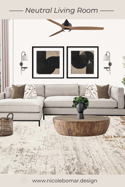 Modern Neutral Living Room Rugs, Neutral Wood And Black Living Room, Neutral Color Living Room Ideas Modern, Rugs In Apartment Living Room, Neutral And Black Rugs, Gray Black Beige Living Room, Neutral Room With Black Accents, Wood And Black Accents Living Room, Neutral Living Room With Black Accents Modern