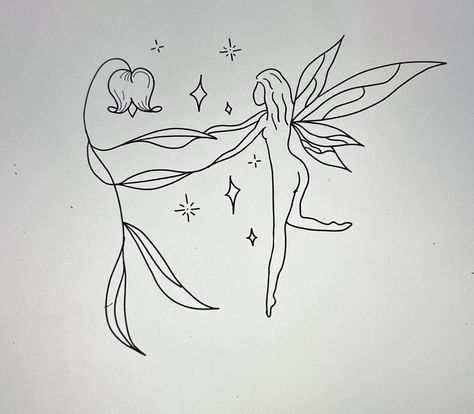 Fairy Temporary Tattoos, Line Work Fairy Tattoo, Dancing Fairies Tattoo, Mother Daughter Fairy Tattoo, Fairy Holding Flower Tattoo, Small Whimsical Tattoos, Tattoo Ideas Line Work, Fairy Flower Tattoo, Fairy Tattoo Stencil