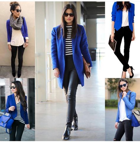 Cobalt Blue Blazer Outfits For Women, Blazer Azul Rey, Blazer Outfits For Women Casual, Blue Vest Outfit, Blue Blazer Outfits For Women, Long Jacket Outfit, Blue Coat Outfit, Blue Cardigan Outfit, Blue Blazer Outfit