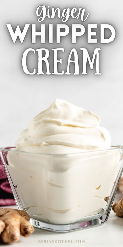 Ginger whipped cream in a glass bowl. Whipped Cream Dispenser Recipe, Healthy Whipped Cream, Whipped Cream Canister, Infused Whipped Cream, Spiced Whipped Cream, Flavored Whipped Cream, Recipes With Whipping Cream, Whip It, Whip Cream