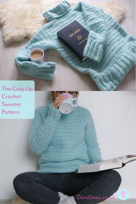 The Cosy Up Crochet Sweater Pattern. Simple women's roll neck crochet jumper in sizes XS-3X. Made with chunky We are Knitters The Petite Wool, it has a ribbed neck, hem and cuffs with thumb holes. Part of Dora Does My Crochet Wardrobe for beginner crochet clothing patterns. #easysweater #crochetsweater #simple #crochetpattern #sweaterpattern #crochet #crochetwardrobe Crochet Clothing Patterns, Crochet Wardrobe, Crochet Sweater Pattern Women, Hat Ponytail, Crochet Sweater Free, Crochet Sweater Pattern, Crochet Jumper, Crochet Sweater Pattern Free, Sweater Chunky