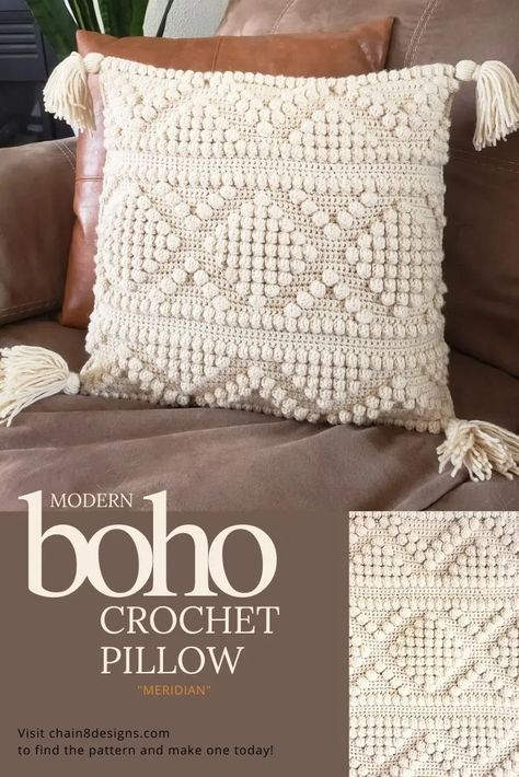 Add a touch of modern boho design with this cute crochet pillow cover. Whether you style is minimal or more eclectic, this pillow will go perfect. The front cover is made with a combination of bobble and single crochet stitches, which give this pillow a great nubby texture and creates the simple pattern. #bohocrochet #modernbohodesign #modernbohodecor #bohohomedecor #bohocrochet Crochet Pillow Cover Boho, Crochet Boho Decor Free Pattern, Crochet Euro Pillow Cover Pattern, Crochet Bobble Pillow, Diy Crochet Pillow Cover, Crocette Patterns For Beginners, Geometric Crochet Pattern, Crochet Patterns For Home Decor, Crochet Pillow Case Pattern Free