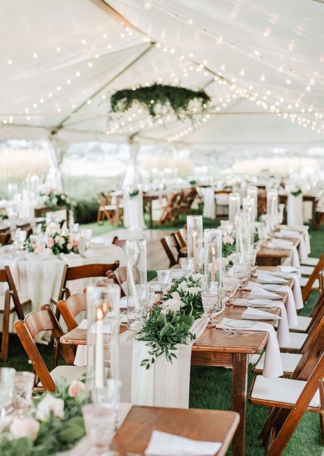 All White Wedding Reception Outdoor Twinkle Lights, How To Hang Lights In Wedding Tent, Backyard Wedding White Tent, White Tent Outdoor Wedding, Backyard Wedding Big, Rustic Tent Wedding Decorations, Wedding Tent Greenery And Lights, 30 X 45 Wedding Tent Layout, Garden Tent Wedding Reception