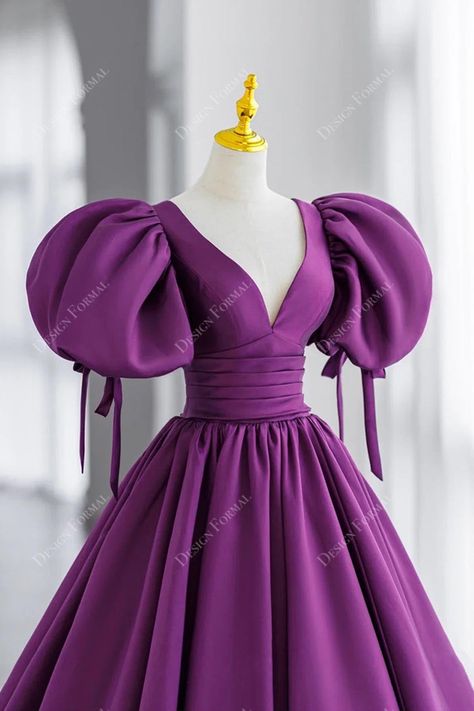 Purple Satin V-neck Custom Empire A-line Host Evening Formal Dress features delicate V-neck, ruched reverse V-shaped empire waistband, pleated A-line skirt with small train. shown color purple bra support with cups boning no closure back zipper lining fully lined Purple Ball Gown, Satin Long Prom Dress, Purple Evening Dress, Formal Dresses With Sleeves, Satin Evening Dresses, Prom Dresses For Sale, Backless Prom Dresses, فستان سهرة, Long Prom Dresses