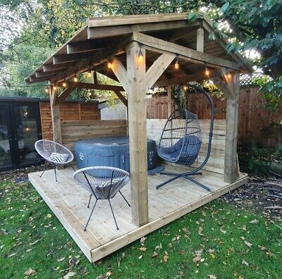 Wooden Gazebo Kits, Tiki Bars Diy, Wooden Garden Gazebo, Hot Tub Shelters, Outdoor Garden Bar, Hot Tub Patio, Patio Seating Area, Hot Tub Gazebo, Bar Outdoor