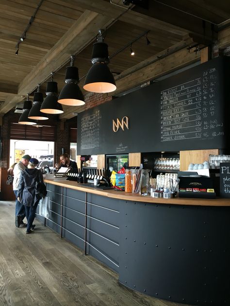 Matte black, industrial, light counters, chalk menu, wood floor/ceiling Black Coffee Shop Interior, Industrial Shop Design, Black Cafe Interior, Cafe Counter Ideas, Black Coffee Shop, Black Industrial Ceiling, Coffee Shop Black, Industrial Coffee Shop, Chalk Menu