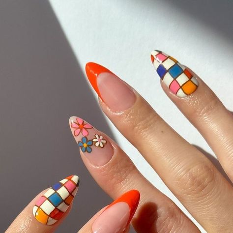 Lights Lacquer on Instagram: "Vibrant nails to brighten up your Monday feels!  Let's groove into the new week with this mix and match summer mani 🌼  Polishes used: Go Go Boots, Zoinks!, Que Groovy, Orange Submarine, Coney Island, & Dream St." Funky August Nails, Groovy Almond Nails, Groovy Nails Art Designs, Groovy Halloween Nails, 70s Disco Nails, Retro Fall Nails, Colorful Wedding Nails, Velma Nails, 70’s Nails