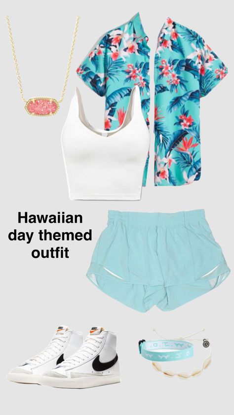 Hawian Day Outfit Ideas, Hawian Themed Outfits Football Game, Hawaiian Pep Rally Outfit, Hawaiian Out Football Game Outfit, Hawaiin Theme Outfit Football Game, Preppy Football Game Outfit, Hawian Theme Outfits, Hawaii Outfits Football Game, Hawaiian Outfits Spirit Week