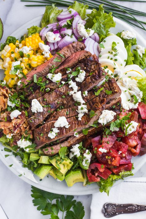 Burrata Ravioli, Steak Cobb Salad, Fresh Tomato Sauce Recipe, Flank Steak Salad, Handmade Ravioli, Mexican Steak, Classic Cobb Salad, Cherry Tomato Sauce, Classic Salad