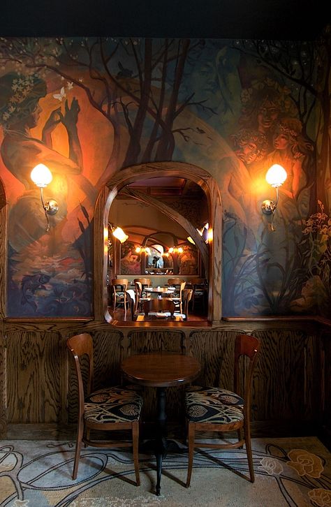 Loie Fuller Restaurant - Art Nouveau - Kyla Coburn Designs | Commercial, Restaurant, Hospitality Art Nouveau Flooring, European Restaurant Interior Design, Art Nouveau Restaurant, French Bistro Decor, Art Nouveau Bar, Restaurant Mural, Rich Interior, Restaurant Designs, Architecture Art Nouveau