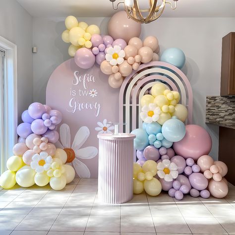 PRICES MAY VARY. BALLOONS PACK - This balloon arch kit includes - double purple(10inch*12,12inch*6,18inch*1),double skin (10inch*12,12inch*6,18inch*1),double yellow(10inch*10,12inch*4),double blue(10inch*4,12inch*4),yellow 5inch*12,pestel pueple 5inch*16,skin 5inch*12,baby 5inch*6. MULTIPLE USE - The daisy party balloon garland can be used for weddings, birthday party, fairy princess party, baby shower,bridal shower and many other occasion. HIGH-QUALITY BALLOON ARCH - Our hot balloon arch is mad Daisy Balloon Garland, Pastel Party Decorations, Baby Birthday Party Theme, Two Groovy, Happy Birthday Decor, 1st Birthday Girl Decorations, Baby Birthday Decorations, Daisy Party, Pastel Birthday