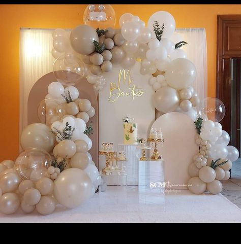 Neutral Bautizo, 1st Communion Backdrop Ideas, Boho Bautizo Decor, Bautizo Balloon Garland, Boy And Girl Baptism Decorations, Boy Bautizo Party Ideas, Bautizo Dessert Table, Baptismal Decorations Girl, Communion Backdrop Ideas